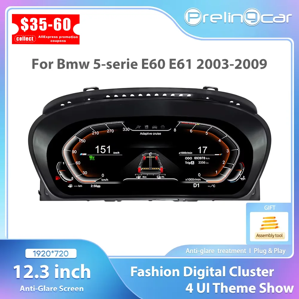 Tableau de bord numérique 12.3 pouces pour BMW série 5 E60 E61 E63 E64 2003 4 5 6 7 8 9 ans Ccc Cic Snelheidsmeter Virtuele Cockpit pour