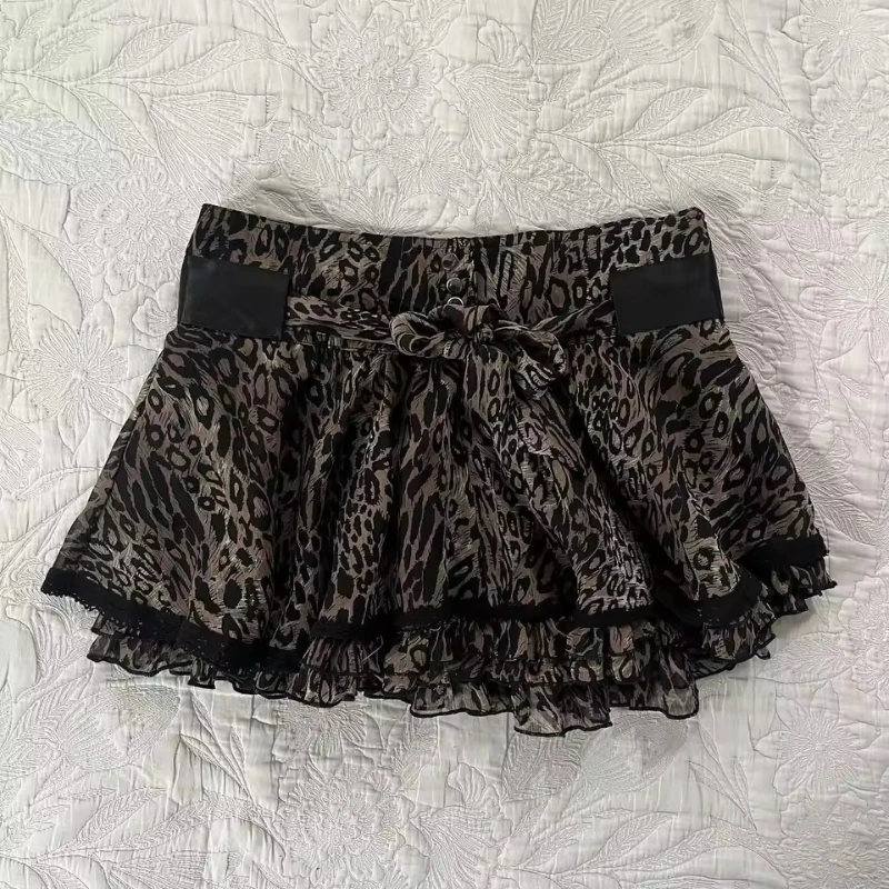 New American Y2K Leopard-print Bow Skirts Women  Lace Patchwork Retro Punk Fashion Slim Skirt Aesthetic Sexy Style Chic Clothing
