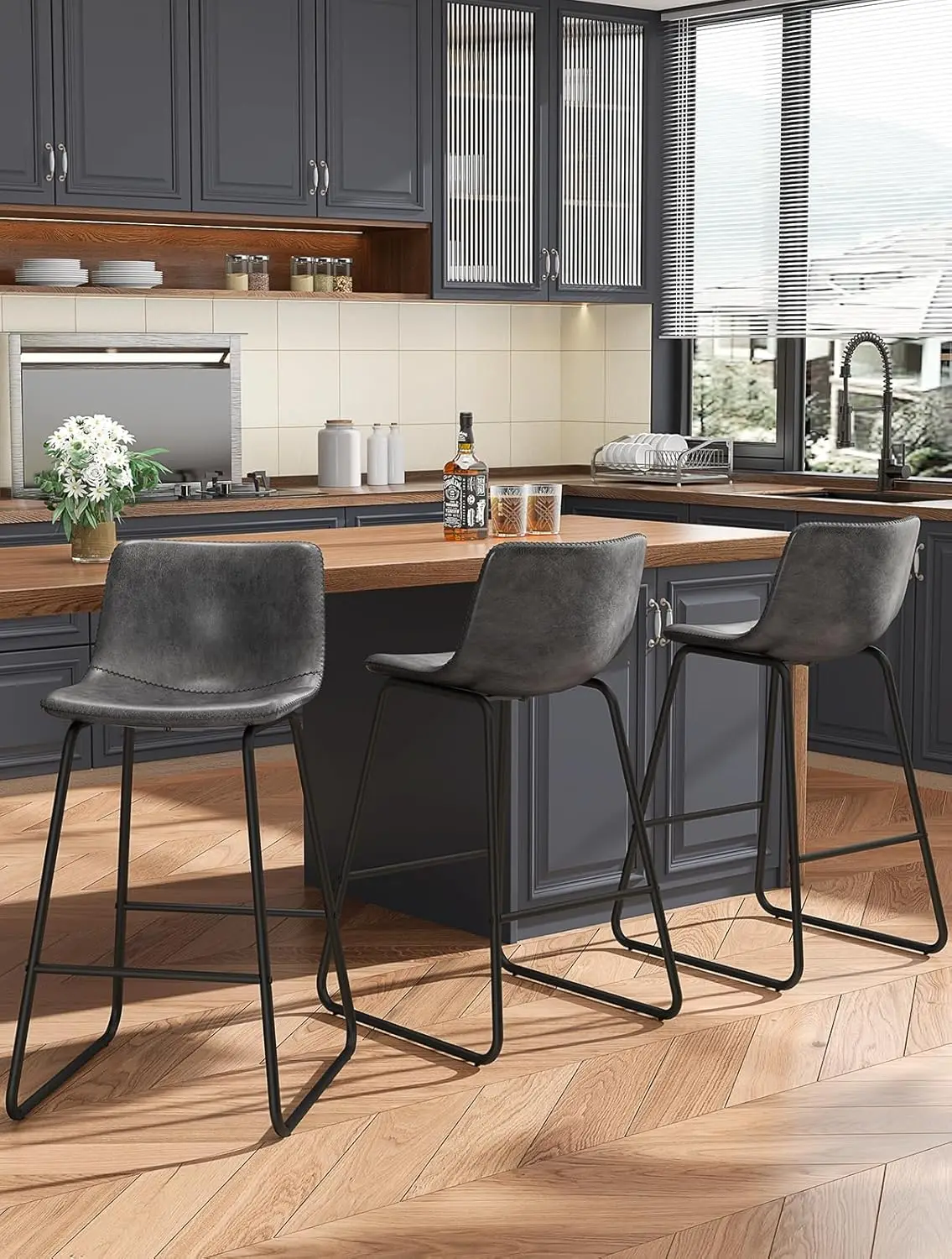 

Bar Stools Set of 3, 26" PU Leather Counter Height Bar Stools, Modern Barstools with Metal Legs and Footrest, Urban Arm