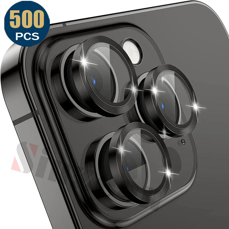 500PCS CD Style Metal Camera lens For IPHONE 16 15 14 plus 13 12 11 Pro Max mini  Alloy Back Camera lens Glass screen protector