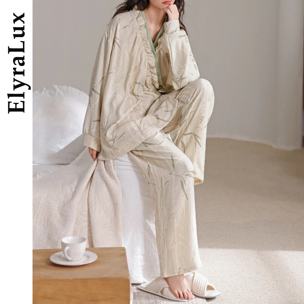 

ElyraLux женский пижамный комплект с бамбуковым принтом, топ с длинными рукавами и рюшами, свободная хлопковая одежда для сна, мягкая дышащая одежда для дома