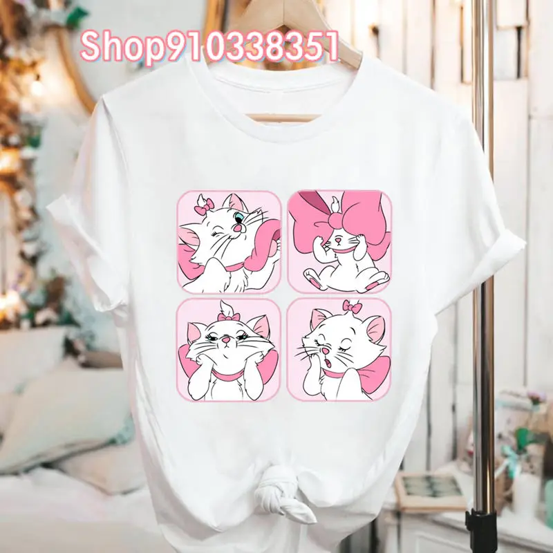 

Japanese Summer The Aristocats Marie Cat Kawaii Clothes White Short Sleeve Graphic T Shirt Preppy Style Female Oversized T Shirt