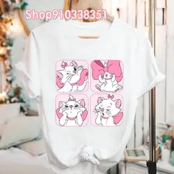 Japon Yaz Aristocats Marie Kedi Kawaii Elbise Beyaz Kısa Kollu Grafik T Shirt Tiki Tarzı Kadın Büyük Boy T Shirt