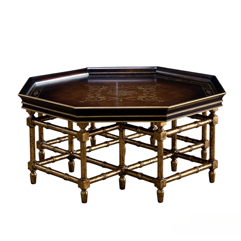 French Style European Country Style Gilding Hand Painted Dark Black Brown Octagonal Tray Shape Tea Table