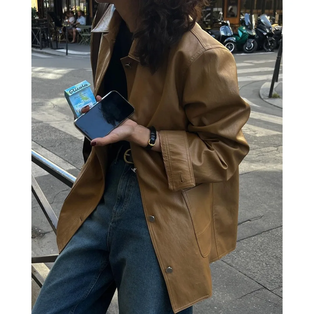2026 New Fashion Korean Style Retro Leather Jacket Outerwear High Quality Material Regular Length Women's Premium Leather Coat