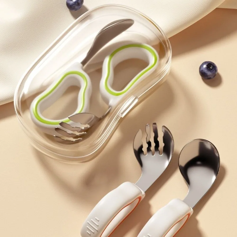 

Silicone Baby Fork and Spoon Set 316 Stainless Steel with Storage Box Baby Cutlery Self Feeding Short Handle Child Tableware