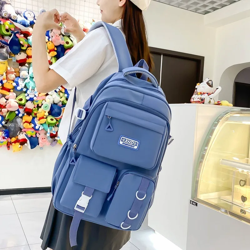 Solid Colour Simple Women Travel Backpack Bookbag Female Multi-pocket Casual Shoulder Backpacks Schoolbag for Teen Girl Rucksack