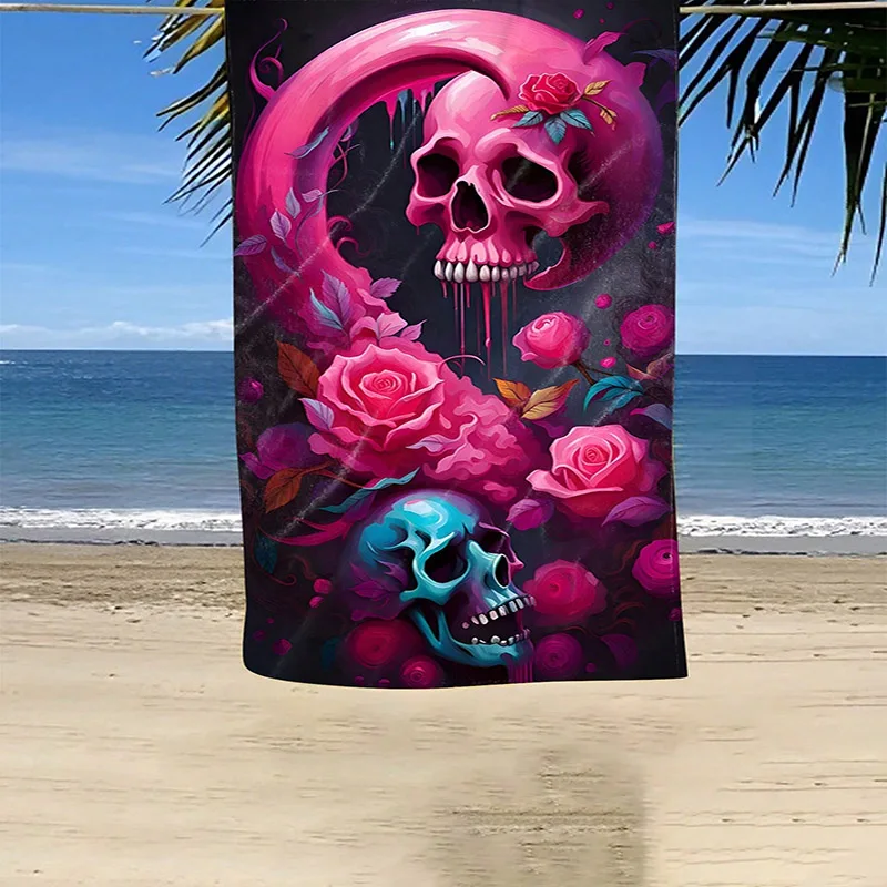 Pink & Blue Skull Rose Beach Towel Patterned Sunscreen And Windproof Suitable For Swimming Pool Camping Travel Blanket