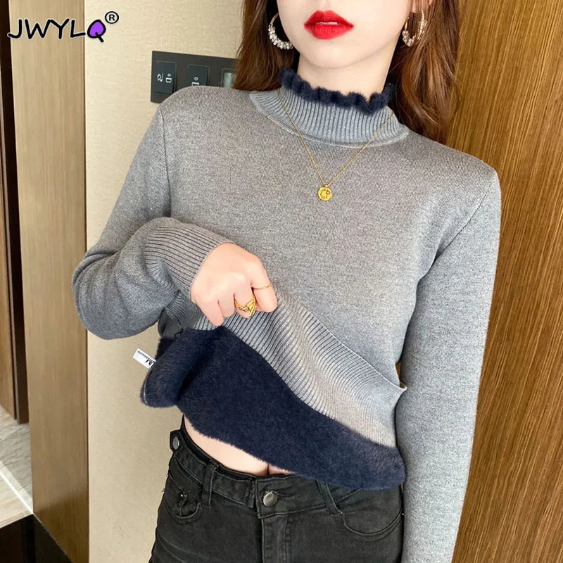 New Korean Turtleneck Slim Thicken Knitted Pullovers Woman 2022 Winter Plus Velvet Sweater Casual Fleece Lined Warm Knitwear Top