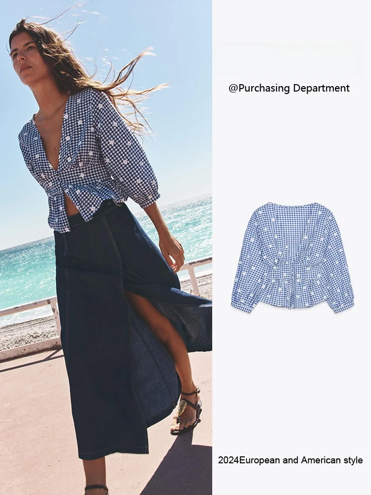 

Весенняя новинка: Женская повседневная блузка с вышивкой, в клетку, с V-образным вырезом, пышными рукавами и длинными рукавами на пуговицах для офиса