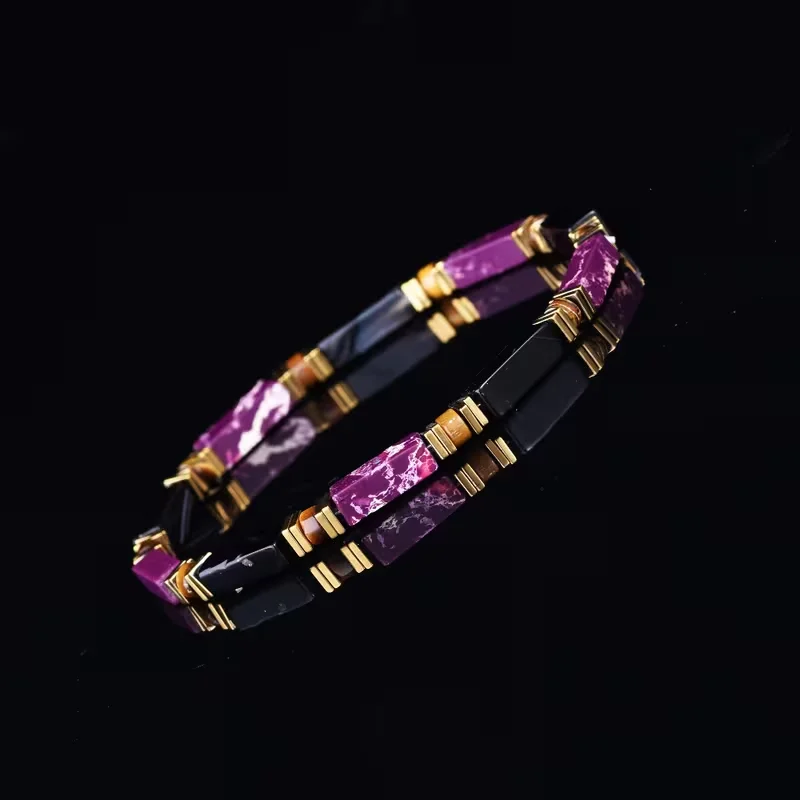 Natürliches Lila Kaiserjaspis & Schwarzes Onyx Rechteckiges Armband für Frauen mit Tigerauge-Abstandsstückern, Partyschmuck, Geschenke – Detail 3