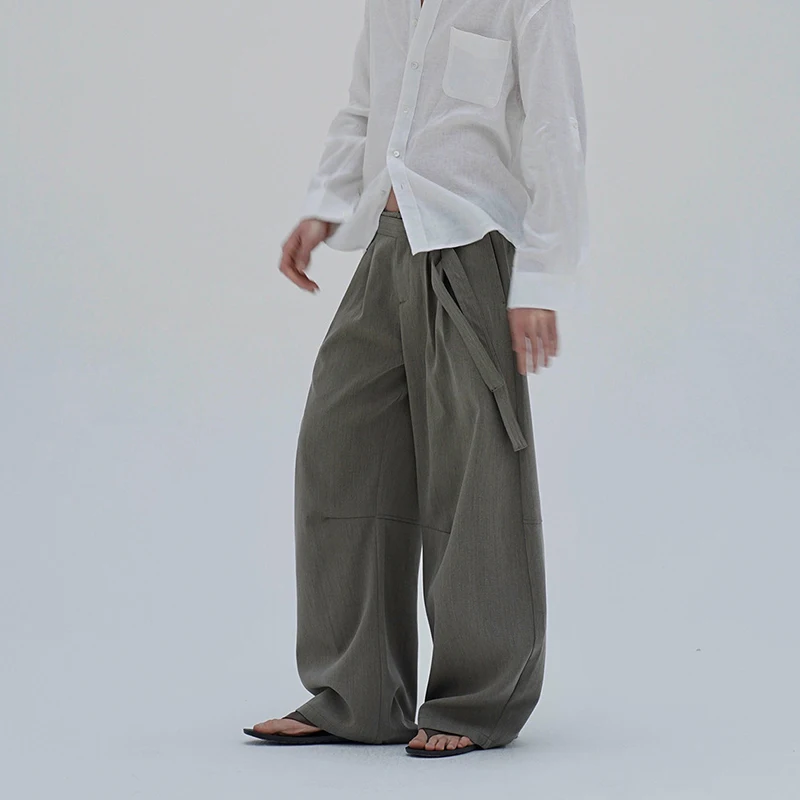WTHT Trendy Men's Solid Color Pleated Bandage Blazer Pants Fashion 2026 Summer High-waisted Wide Leg Trousers Male 2A3137