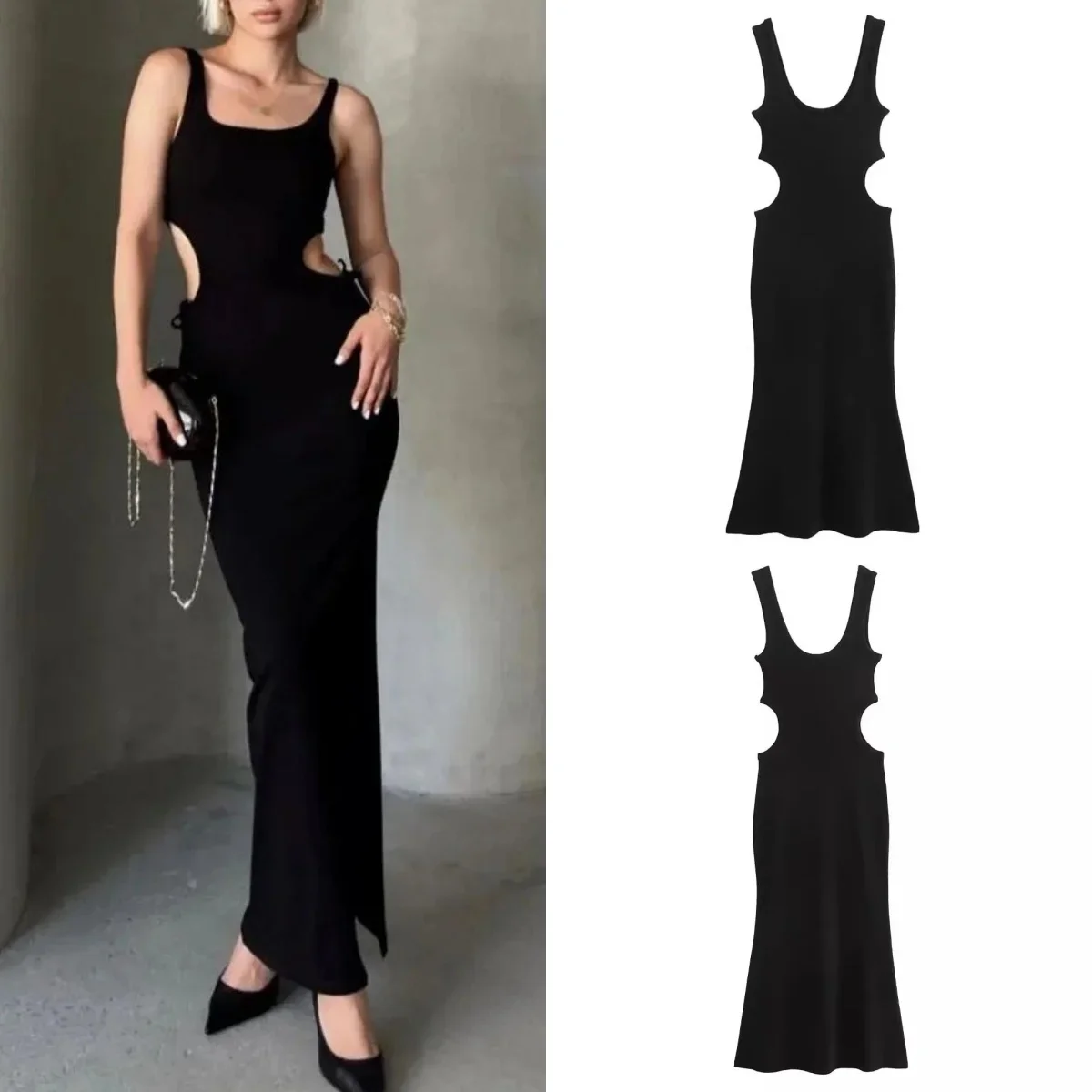 فستان نسائي مكشوف الخصر ، فساتين متوسطة الطول محبوكة سوداء ، بلا أكمام ، أزياء نادي مثيرة ، إطلاق جديد ، أو
