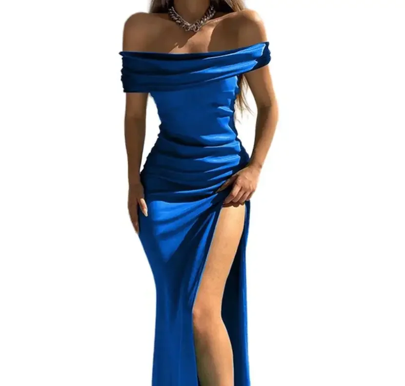 2024 neue Sommer Frauen Grün Ballkleider Sexy Roben Off Schulter Hohe Schlitz Satin Abendkleid Midi Langes Kleid Festival Party tragen