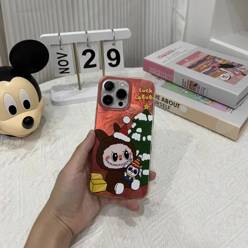 Funda de teléfono con patrón de Labubu de Navidad de dibujos animados para iPhone 12, 13, 14, 15 16 Pro Max, funda protectora a prueba de golpes, funda acrílica para regalos