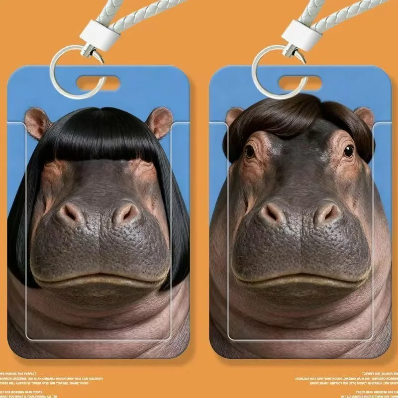 Funny Animal Hippopotamus Bus Id Card Cover Cases Student Keyring Card Campus Access Door Credit Card Holder Bag Set Key Chain