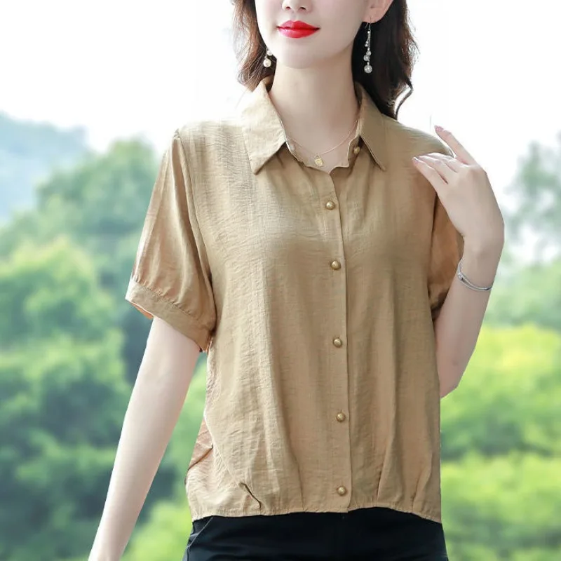 2024 Short Sleeve Blouse Polo-Neck Summer Commute Casual Solid Color Age Reduction All-match Button Slim Women's Clothing Tops