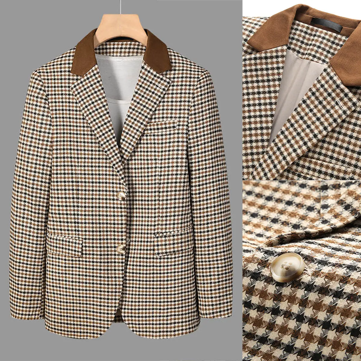 Sobretudo de lapela entalhada de peito único masculino, blazer clássico Houndstooth, blazer empresarial, feito sob medida, único casaco, outono, inverno