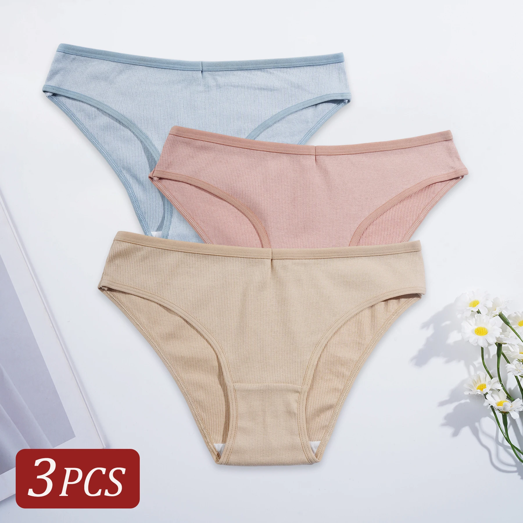 3PCS Simple Comfortable Low Waist Cotton Underpants for Women Breathable Panties Fresh Style Girls Daily Underwear Briefs