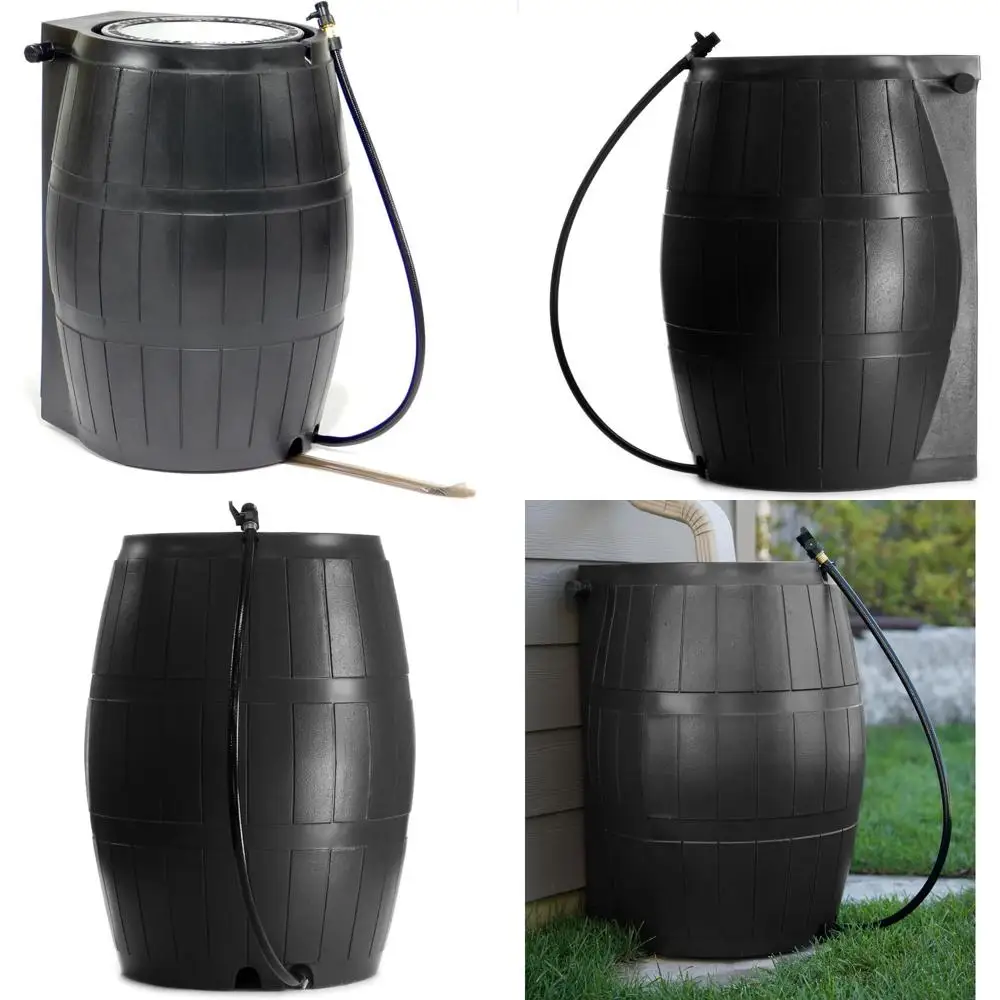 Barile nero per la raccolta dell'acqua piovana da 50 galloni con beccuccio laterale per riporre la raccolta dell'acqua all'aperto