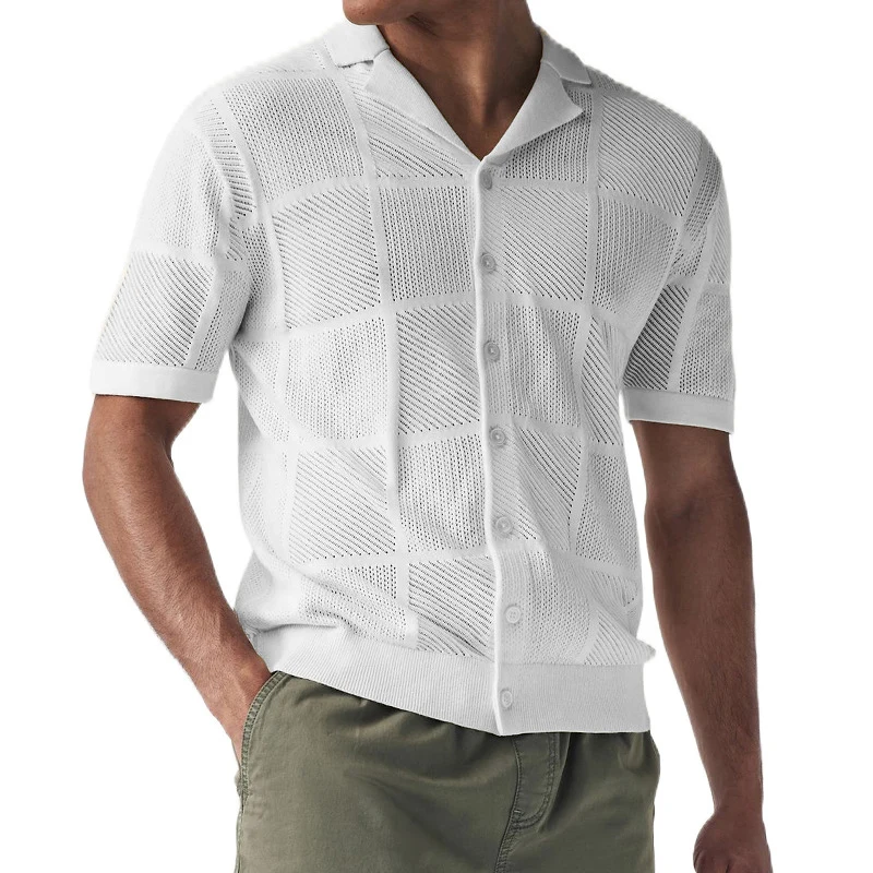 2024 Spring Summer Casual Shirts Men Knitted Short Sleeve Buttoned Lapel Knit Cardigan Tops Mens Fashion Hollow Out Knitting Top