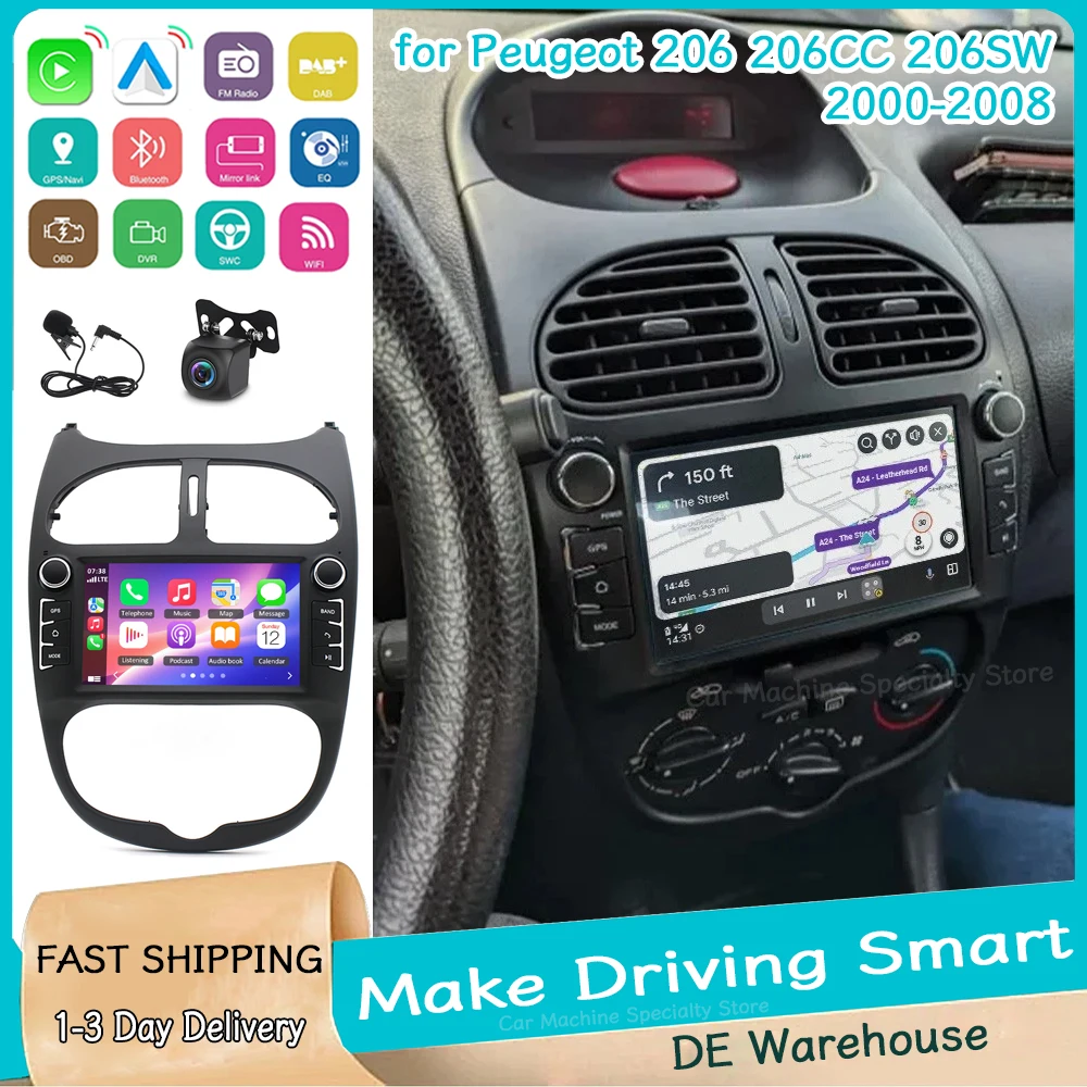 7 Zoll 2+64G Android 15 Autoradio GPS für Peugeot 206 206CC 206SW 2000-2008 Head Unit Multimedia-Player RDS WiFi mit CarPlay Android Auto Bluetooth WiFi FM/RDS SWC Mirror Link + AHD Rückfahrkamera