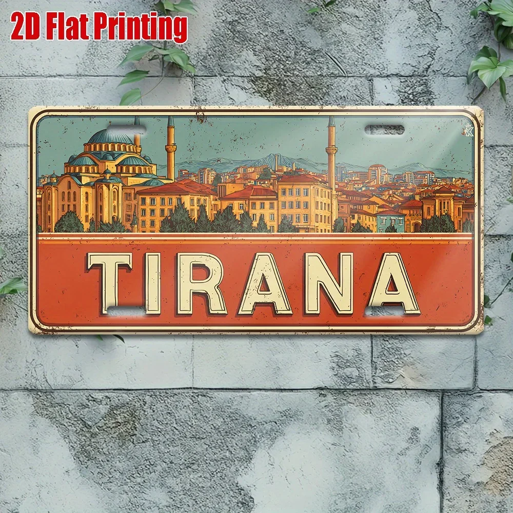 Tirana Albania Cityscape Mosque Vintage Themed Aluminum Metal Sign 2D Flat Printing Distressed License Plate Style Wall Decor