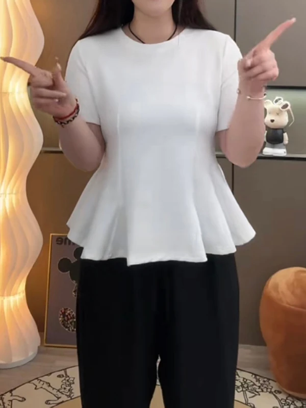 plus Size Summer ort Sve T-irt Women Slimming Waistline Floral  Cover Belly Slim Fit Bla Top Korean Sle Commute