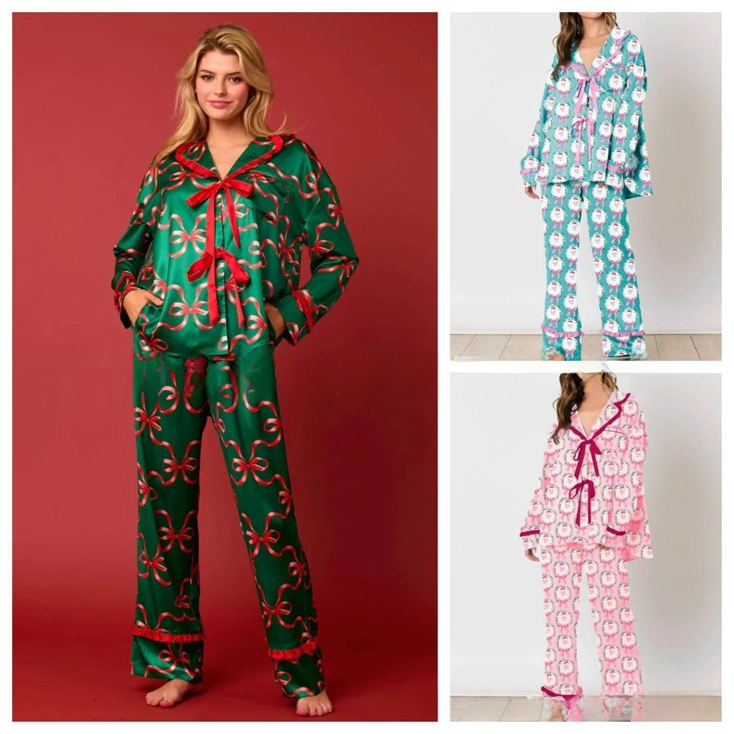 

Christmas Knot Long Sleeve Long Pants Sleepwear Set Women's Home Clothes Cross-Border Cute Style Low Waist PVC PU P...