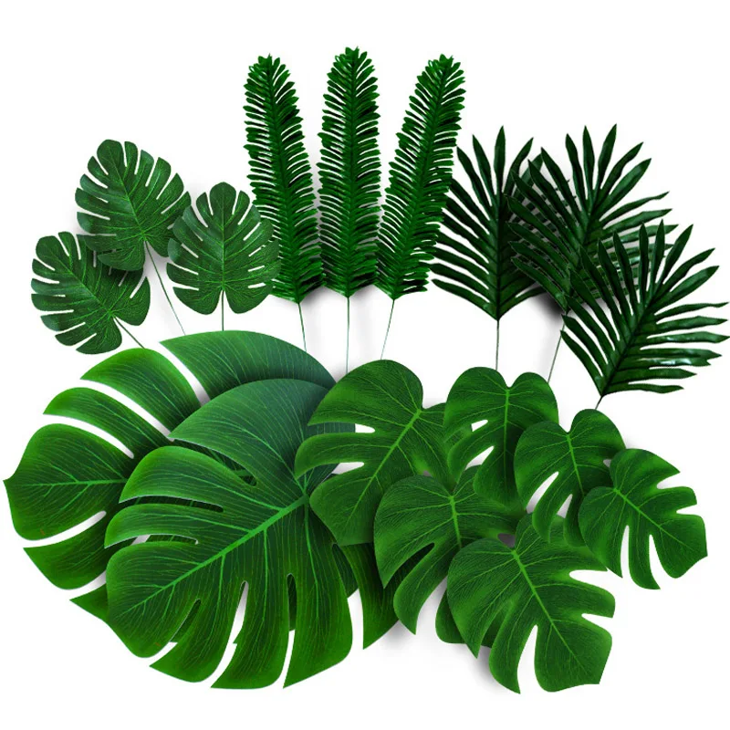 5/10/20 piezas hojas de palma artificiales hojas de tortuga de seda Artificial Tropical verde para el hogar Luau hawaiano decoración del banquete de boda en la playa