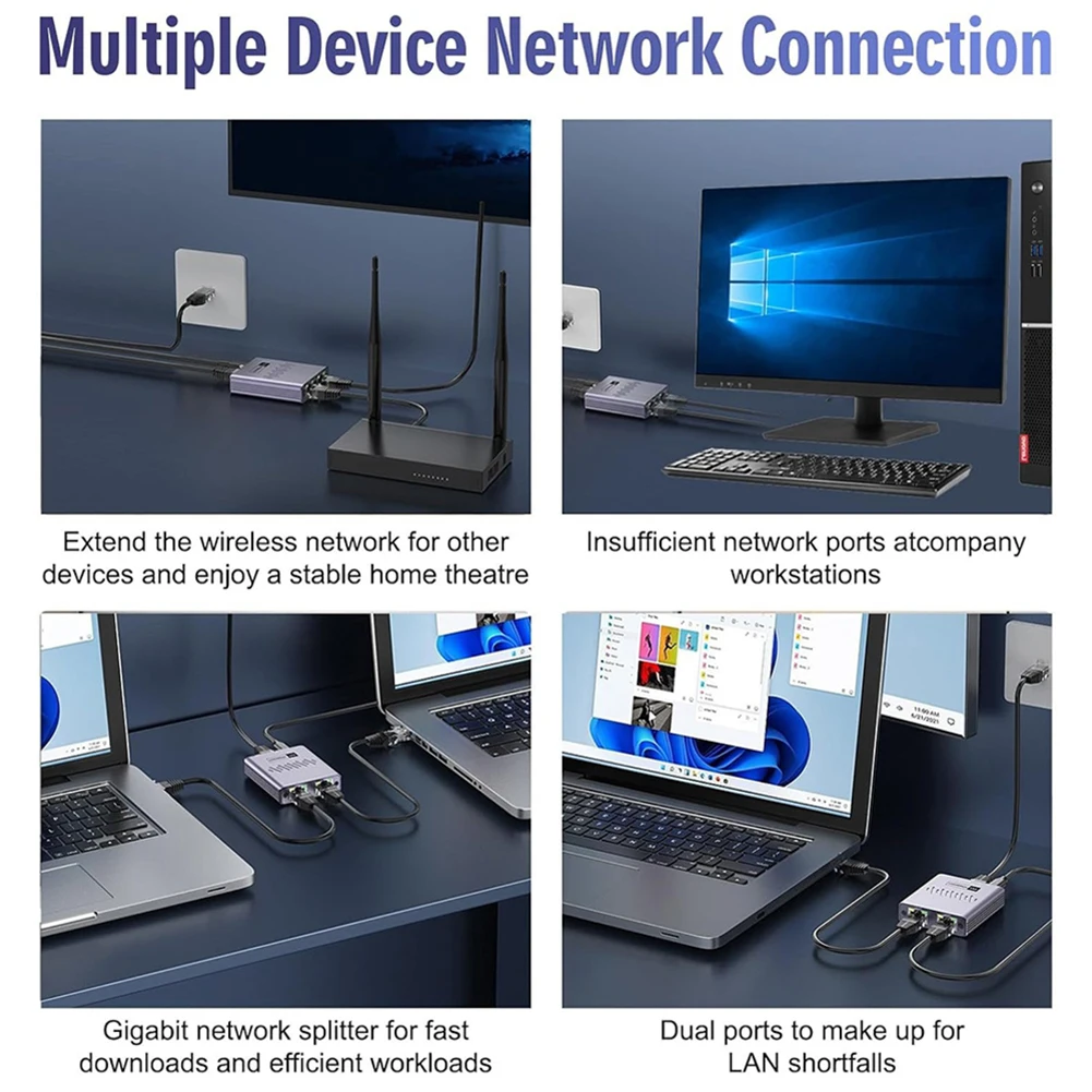 Divisor Gigabit Ethernet 1 a 2/3/4 divisor LAN 1000Mbps RJ45 LAN divisor de Internet con Cable de alimentación tipo c para Cable Cat6/7/8