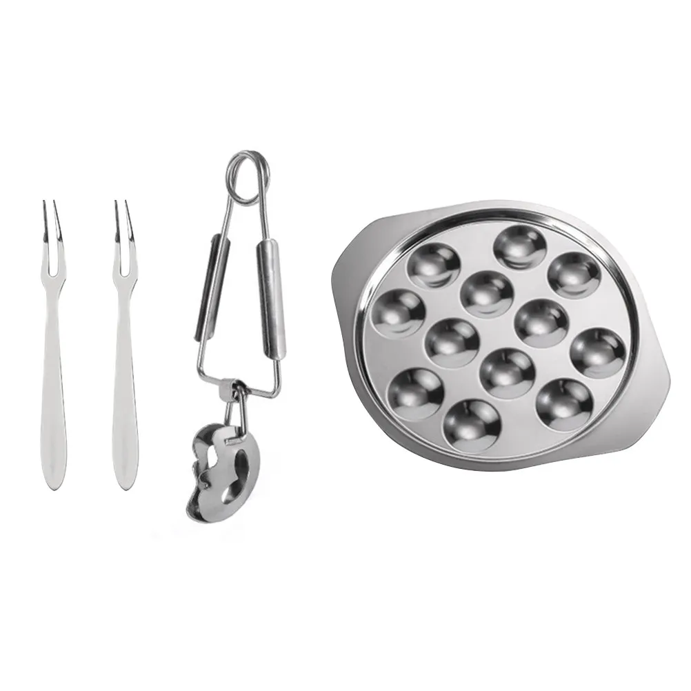 1Set Stainless Steel Snail Plate 12 Holes Escargot Baking Tray Conch Fork Clip Household Seafood Kitchen Gadget Dishwasher Safe