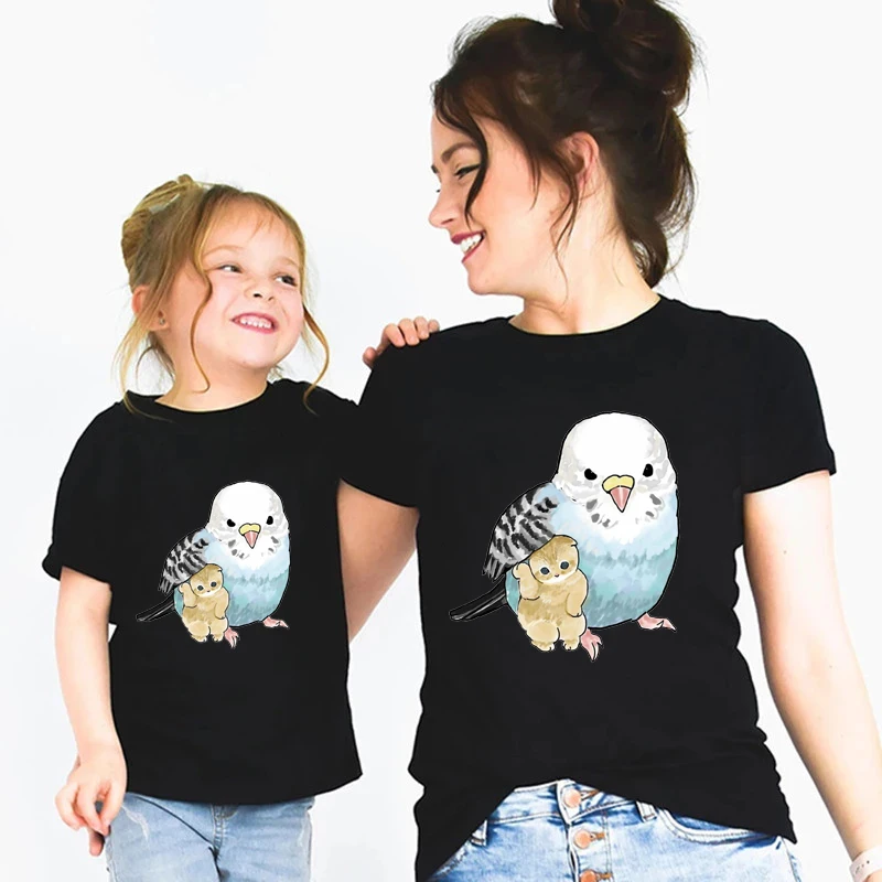 Camiseta de manga corta para niños y niñas, camisa con estampado de gato y loro, Charkatoon