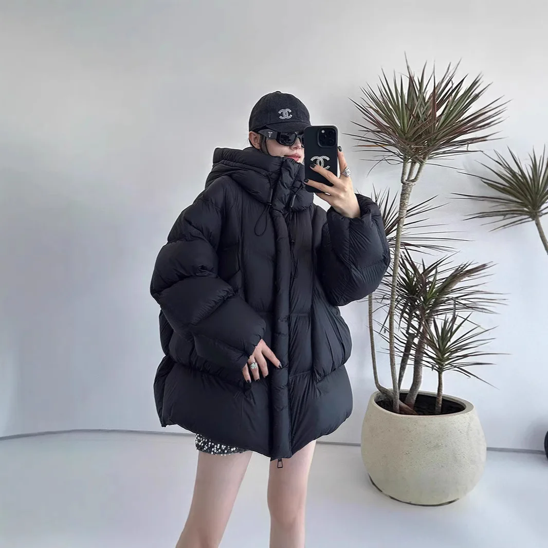 Puff Down Jacket Female Winter New Thickened White Duck Down Warm Coat Hooded Medium-length Loose Solid Color Fashion Jacket