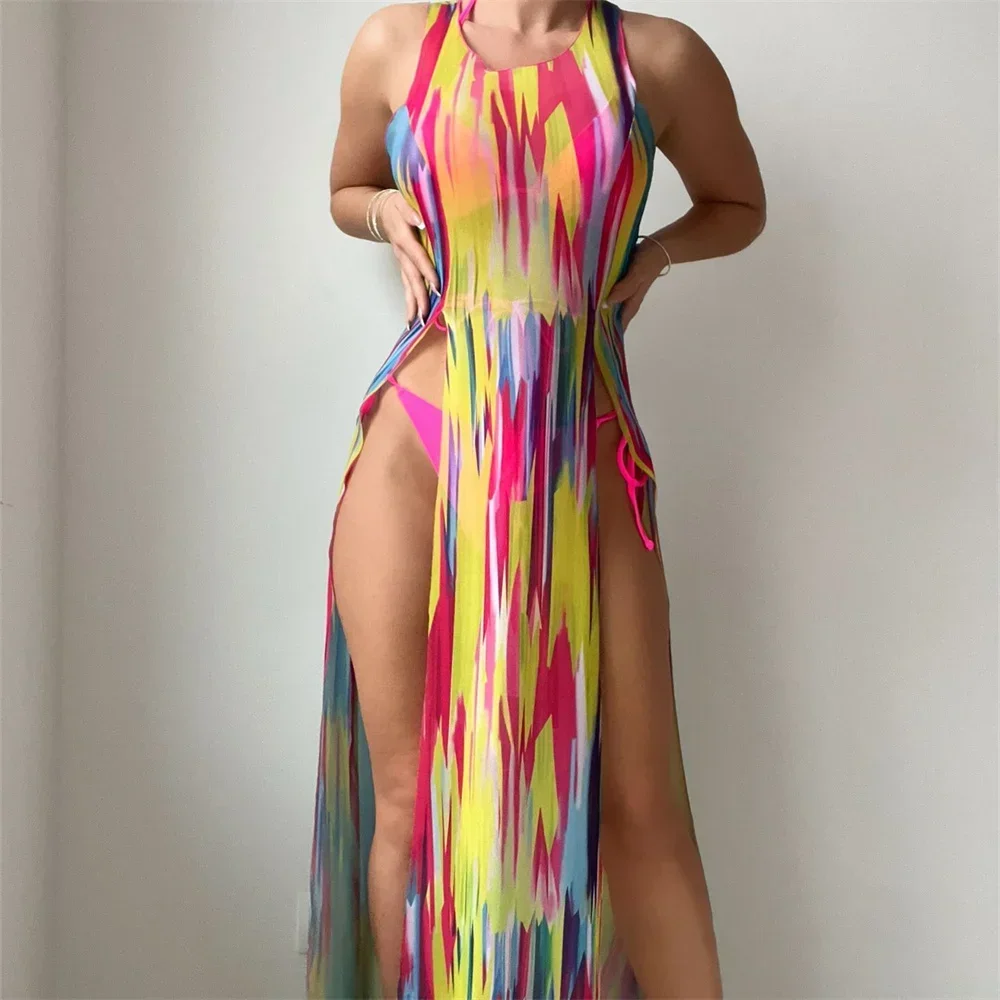 High Slit Dress Cover Up Y2K Rainbow Swimsuit Micro String Extrem Bikini Women 3-Piece Bathing Suit Beach Tanga Bikinis Swimwear