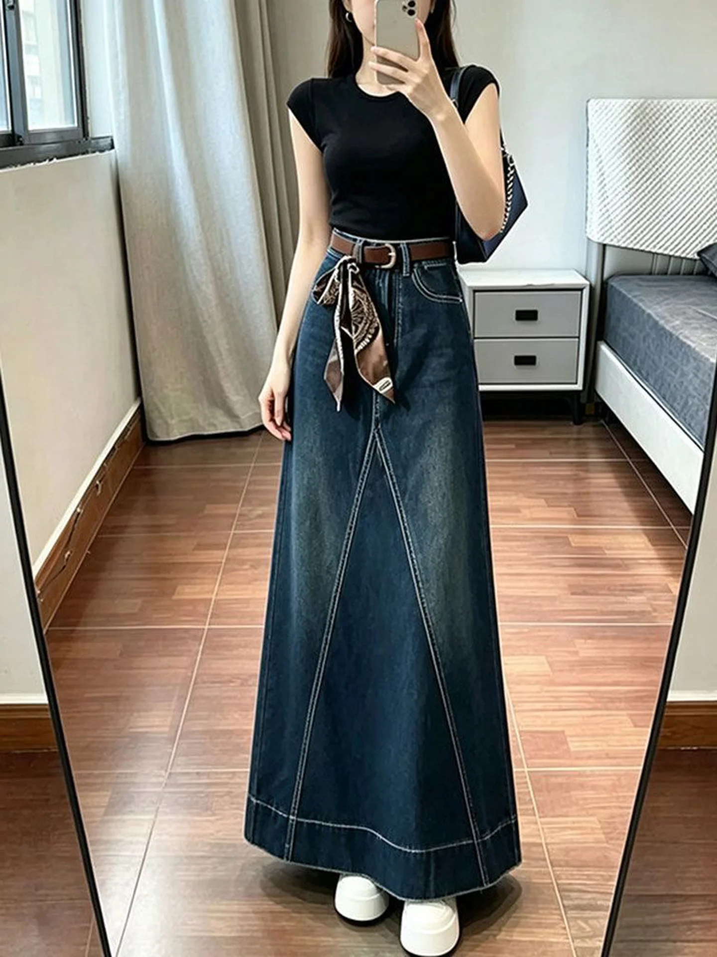 High Waist A-Line Denim  Skirt Women's Casual Loose Fit Hip Concealing Vintage Style Long Skirt Autumn New Arrival