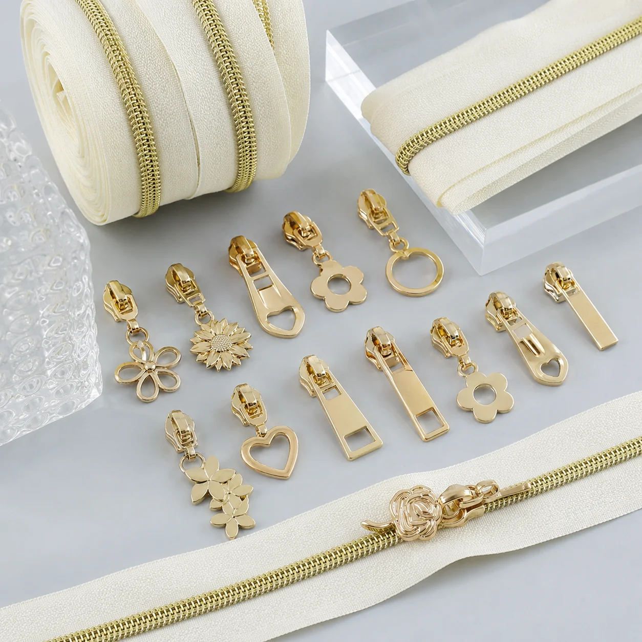 5/10Meters 5# Nylon Zip Chain with Gold Pull Sliders Continuous Zipper Tape for Bag Making Clothing Repair DIY Sewing Supplies