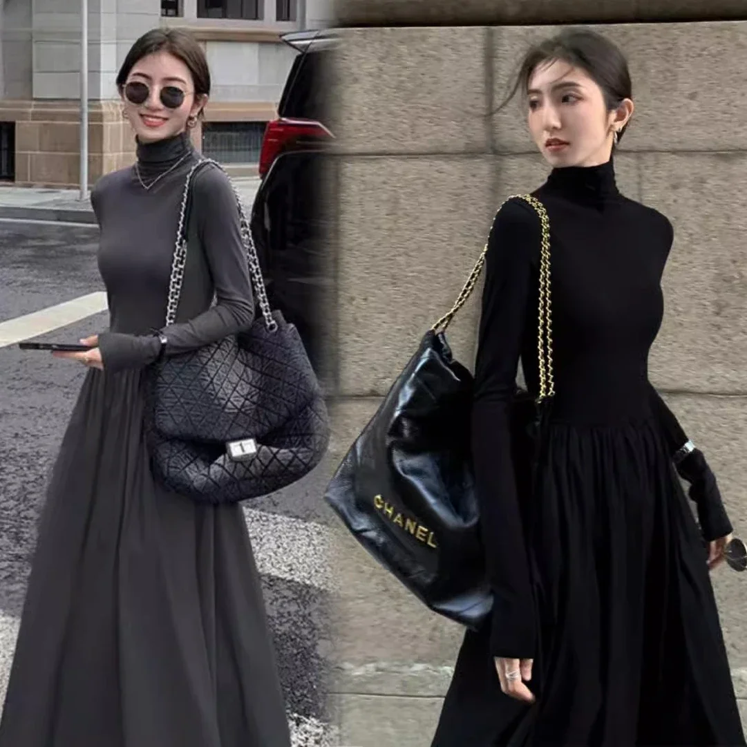 

2023 New Hepburn Black Gray Turtleneck Long Sleeve Dress Women Autumn Winter Slim Maxi Dresses Elegant Pretty One Piece Dress