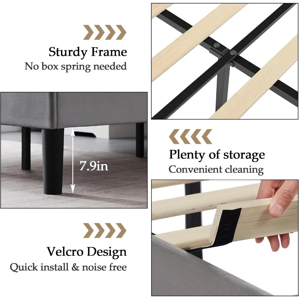 Vollständiger Bettrahmen, Plattform-Bettrahmen mit gepolstertem Kopfteil, Rahmen und robuster Lattenrost, rutschfest und geräuschfrei, einfache Montage