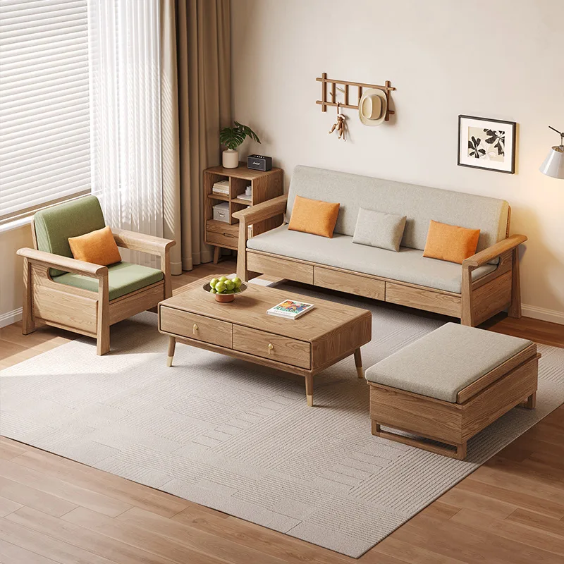 Nordic all-solid wood sofa combination modern simple winter and summer dual-purpose ash wood drawer storage size apartment sofa