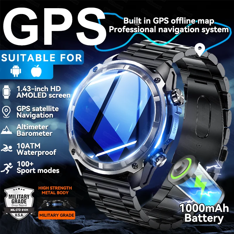 

New Outdoor Extreme Adventure GPS Sports Men Smart Watch 1000mAh Battery 10ATM Waterproof Bluetooth Call AMOLED HD Smartwatches
