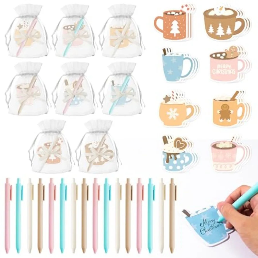 Winter Hot Cocoa Sticky Notes with Pen Gift Set - 24 Set Christmas Coffee Self Sticky Writing Memo Pads Ballpoint Pens with Mes
