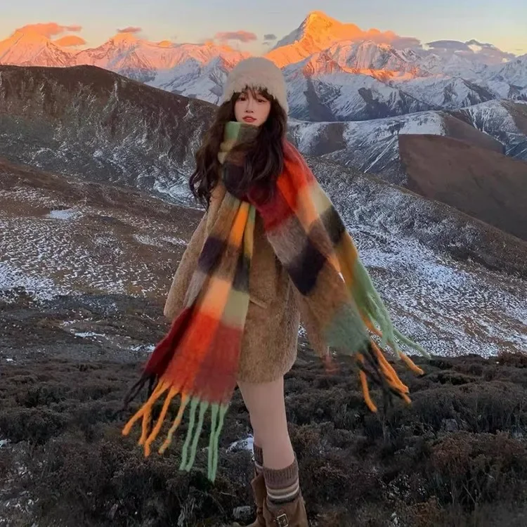قوس قزح وشاح جديد شتاء دافئ متماسكة التفاف الإناث الكورية نمط منقوشة وشاح الموضة مريحة تنوعا شال هدية الكريسماس #1