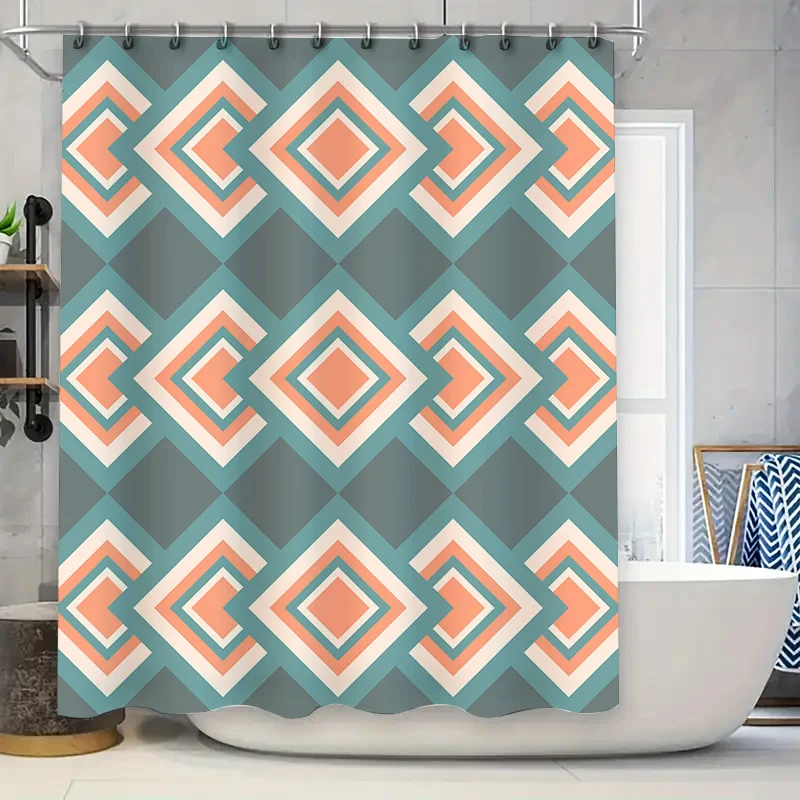 

Green and Peach Diamond Pattern Shower Curtain Waterproof Fabric for Bathroom Decor – Modern Geometric Design with 12 Hooks Set