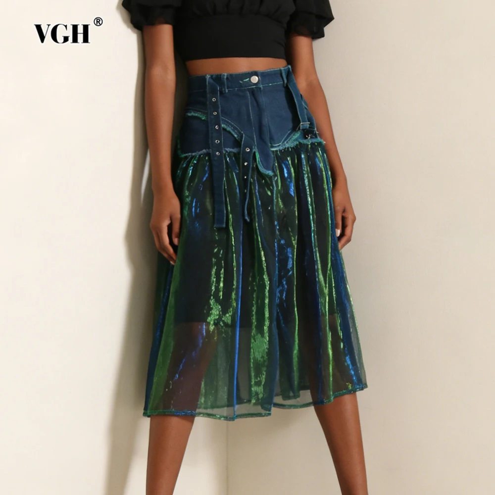 

VGH Утягивающие трендовые джинсовые сетчатые юбки хитового цвета для женщин с высокой талией, летняя дизайнерская юбка для вечеринок, женская мода, новинка