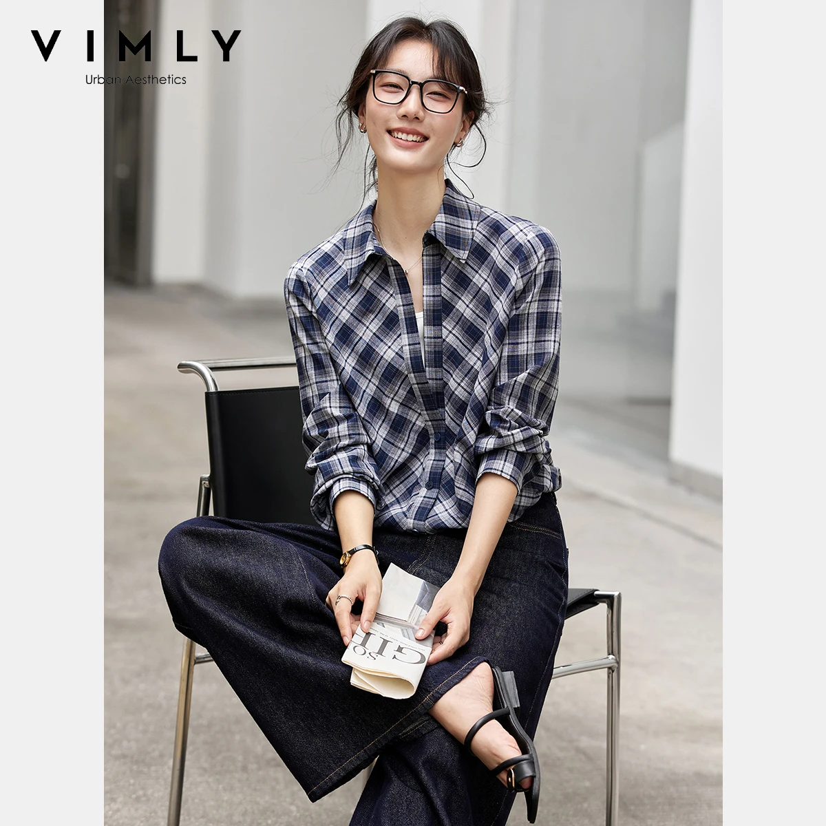 

VIMLY Elegant Women's Plaid Shirts Autumn 2025 Casual Long Sleeve Blouses Fashion Patchwork Turn-down Neck Loose Lady Tops A3030