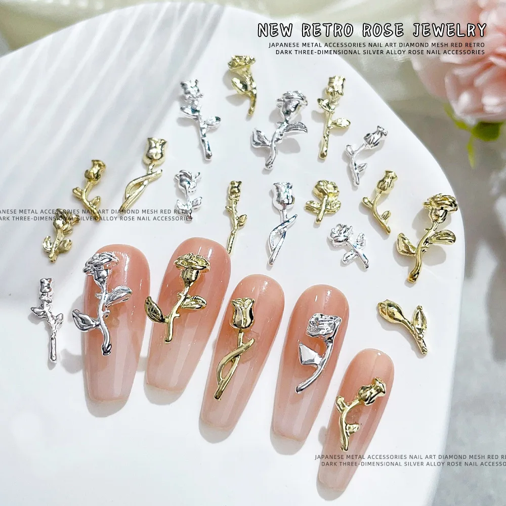 

10Pcs 3D Rose Nail Art Charms Jewelny DlY Craft For Acrylic Nail Decorations Gold/Silver Flower Shapes Nail Accessories Manicure