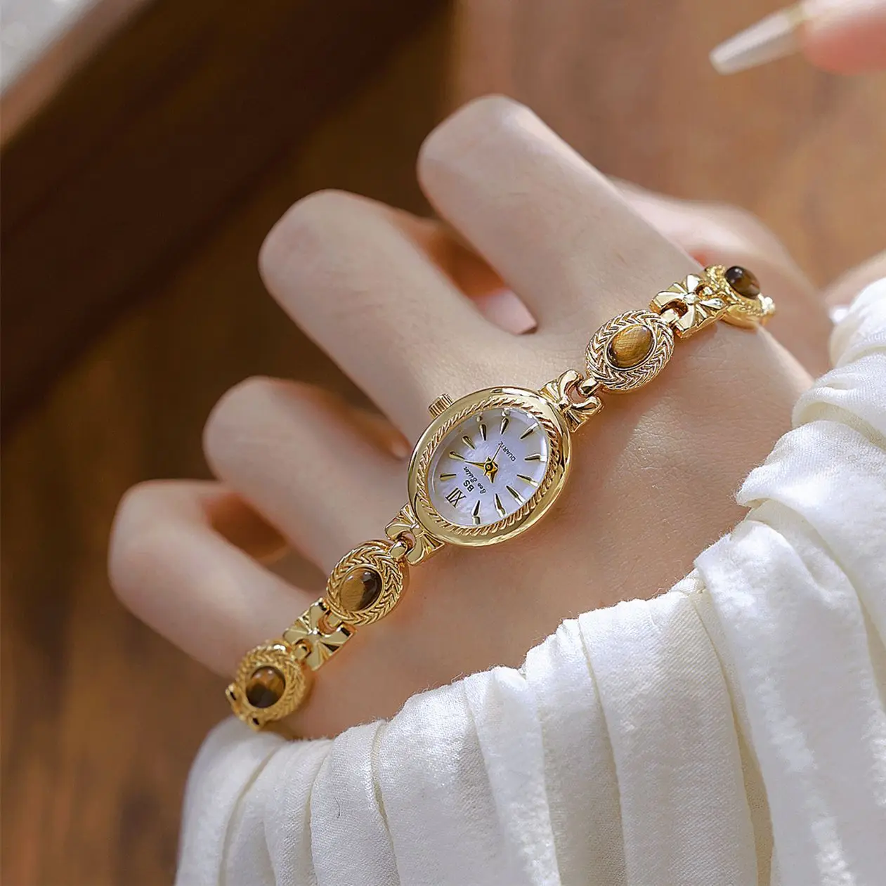 Elegant women's watchnatural tiger's eye gemstone high-end bracelet watchhigh-quality luxury wristwatch birthday gift for women