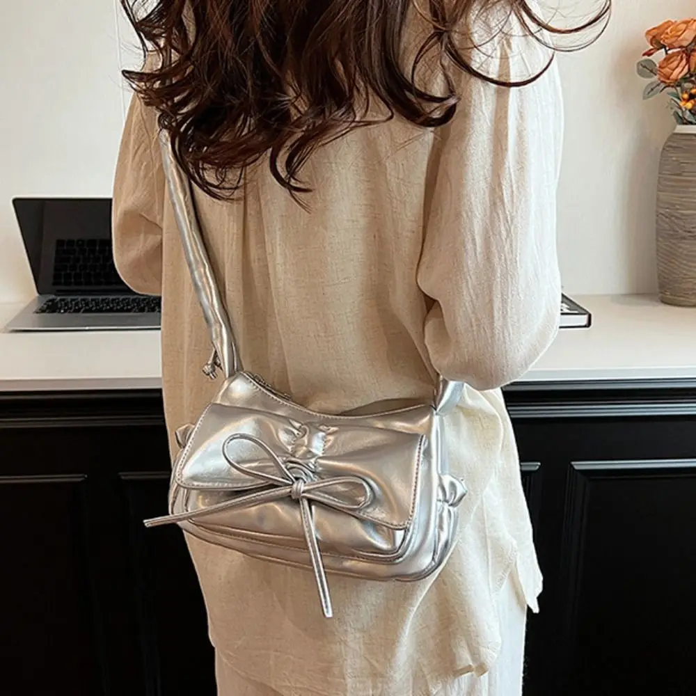 

Elegant French Style Bowknot Underarm Bag Pleated Solid Color Y2k Shoulder Bag Korean Style Fold Strap Pu Dumpling Bag Women