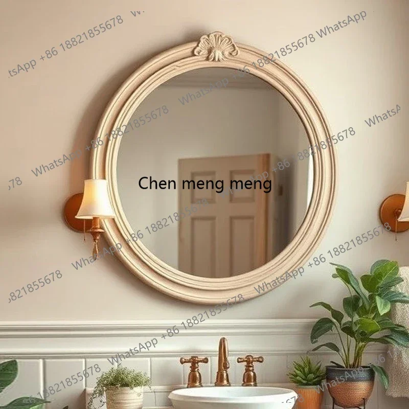 French Style Makeup Mirror Round Wall-Mounted Bathroom American Retro Living Room Fireplace Decorative Mirror